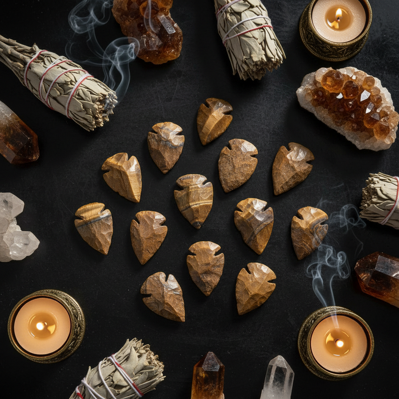 A styled flat-lay of carved tiger's eye arrowheads arranged in a circle on a dark background, surrounded by smudge bundles, crystals, and lit candles.