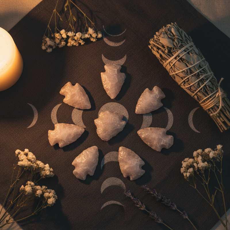 Seven pale pink stone arrowhead carvings arranged in a circle on a dark cloth with moon-phase symbols, surrounded by dried flowers, a candle, and a bundle of smudge sticks.
