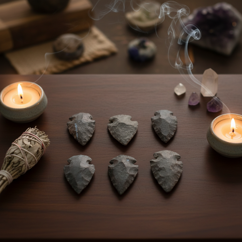 Six dark gray onyx arrowhead pendants arranged in two columns on a dark wooden table, surrounded by lit candles, a smudge bundle, crystals, and a smoky incense ritual setup.