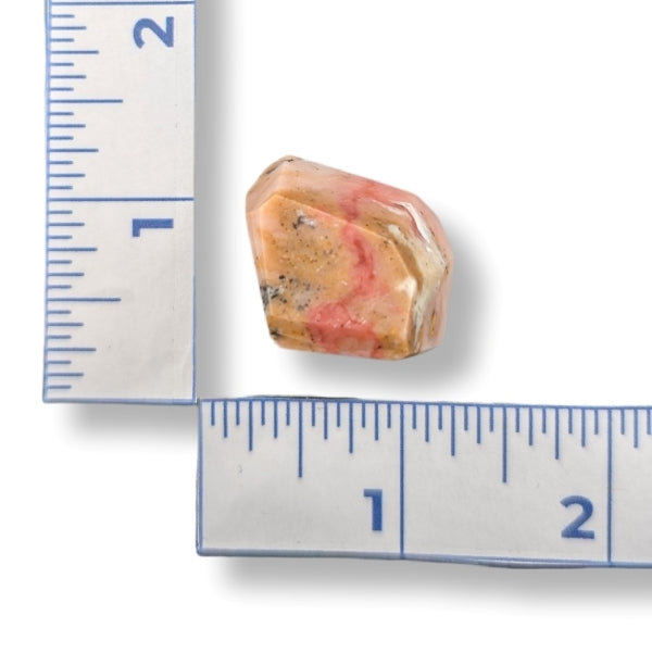 Polished gemstone next to a ruler on a white background