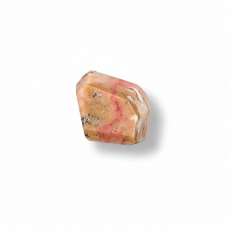 Polished pink opal crystal on a white background