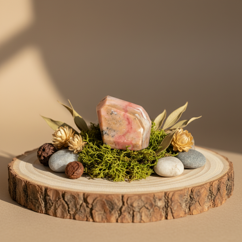 Decorative arrangement with a pink stone, green moss, and dried flowers on a wooden slice against a beige background.