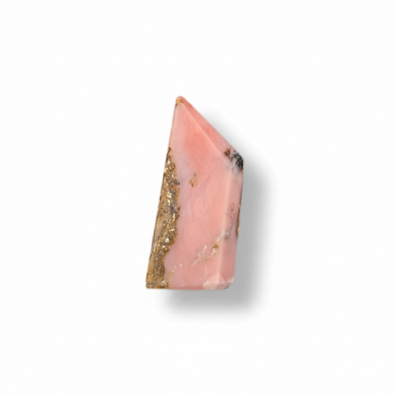 Pink triangular stone with gold and black speckles on a white background