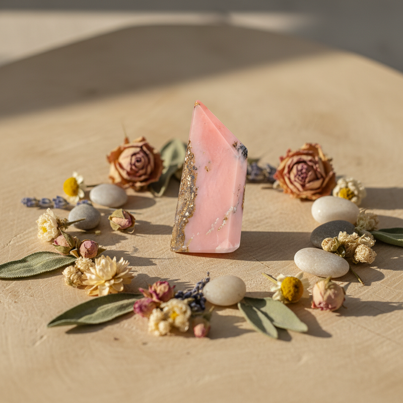Pink crystal with gold accents surrounded by small flowers and stones on a sandy surface