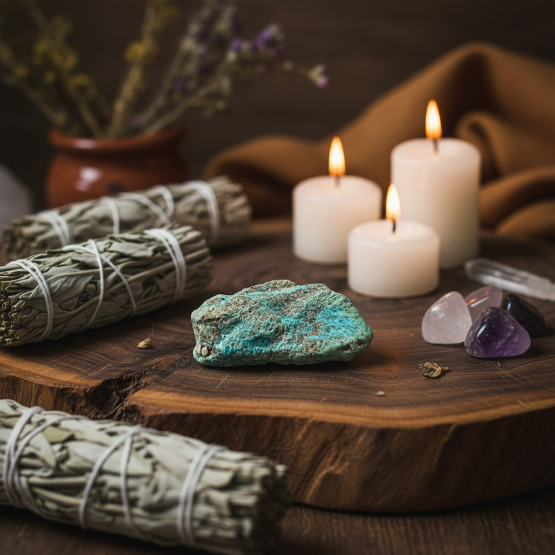 Incense sticks, candles, and crystals on a wooden surface with a blurred background