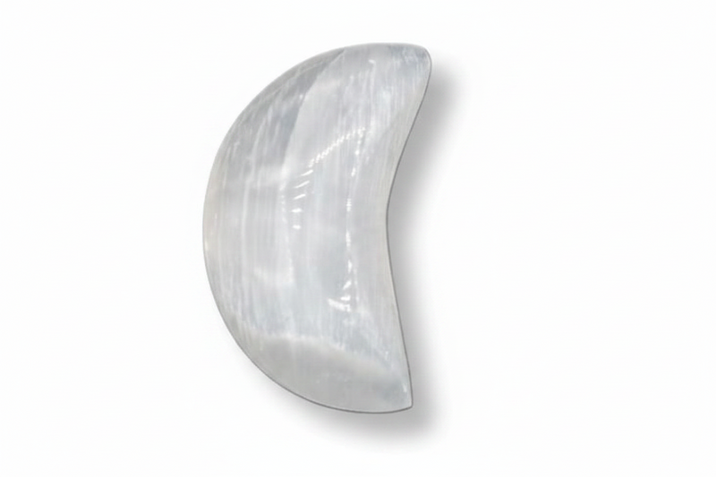 A selenite moon shown against a plain white background with a soft drop shadow.