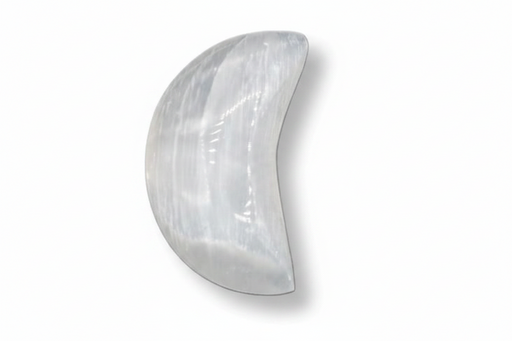 A selenite moon shown against a plain white background with a soft drop shadow.
