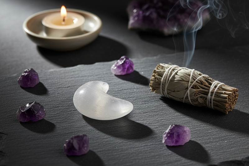 A curated still life featuring a white selenite crescent moon crystal, a white sage smudge bundle with visible smoke, several purple amethyst crystals, and a lit tealight candle on a dark slate surface.