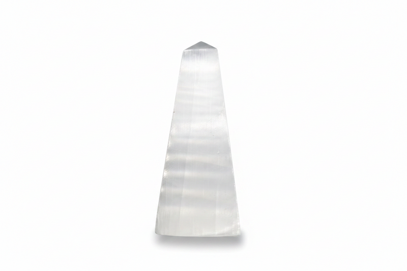 Selenite Obelisk on a white background