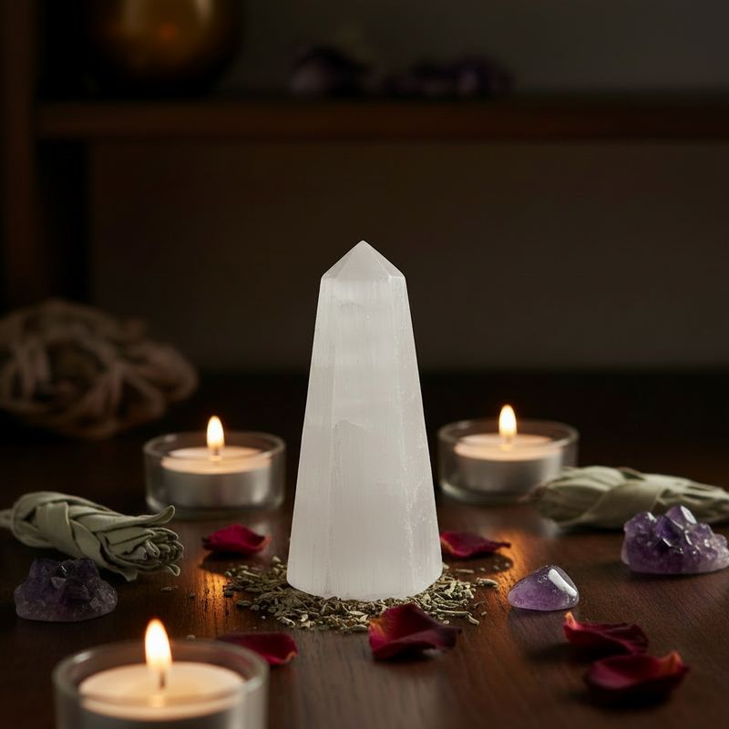 A tall, pointed white selenite crystal tower stands on a dark wooden surface, surrounded by lit tealight candles, rose petals, dried herbs, and small purple crystals in a moody, spiritual setting.