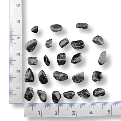 Collection of black stones with a ruler for scale on a white background