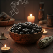 Wooden bowl with smoking incense sticks, candles, and sage on a wooden surface.
