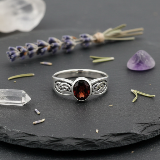 Silver ring with a red gemstone on a dark surface with lavender and crystals