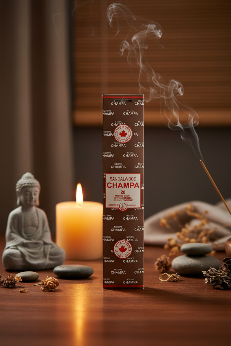 Champa incense stick box with smoking incense stick, candle, and Buddha statue on a wooden surface.