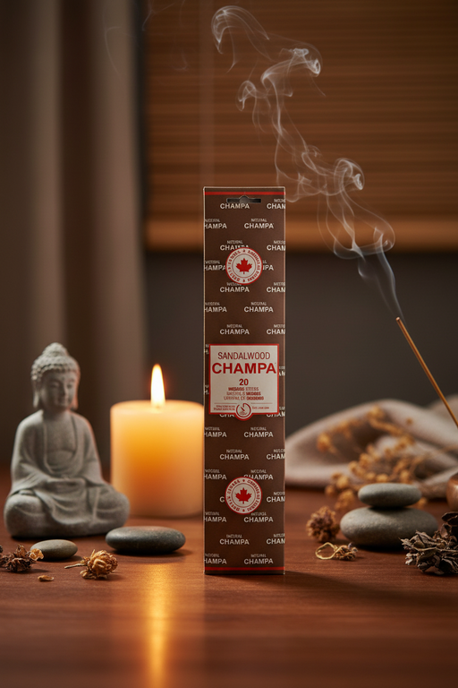 Champa incense stick box with smoking incense stick, candle, and Buddha statue on a wooden surface.
