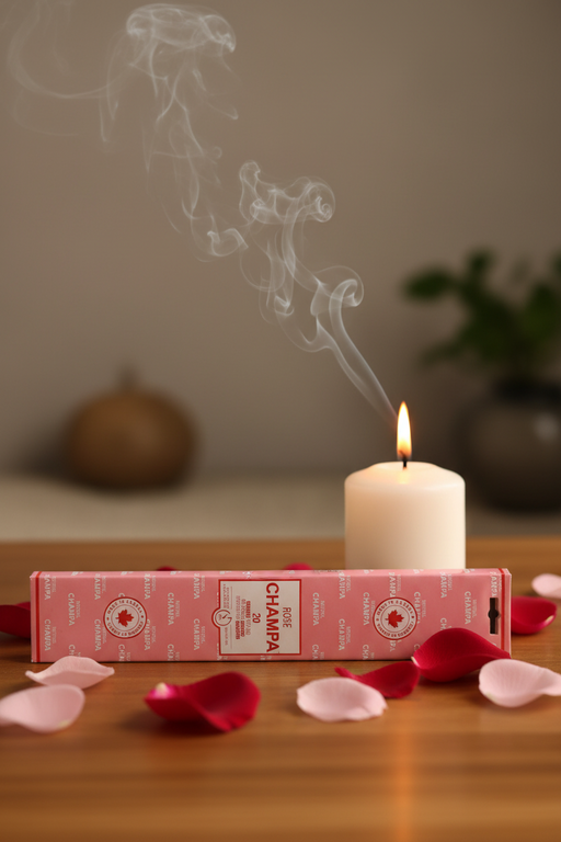 Candle with smoke, Champa box, and rose petals on a wooden surface
