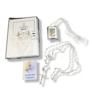 Rosary with a case and card on a white background