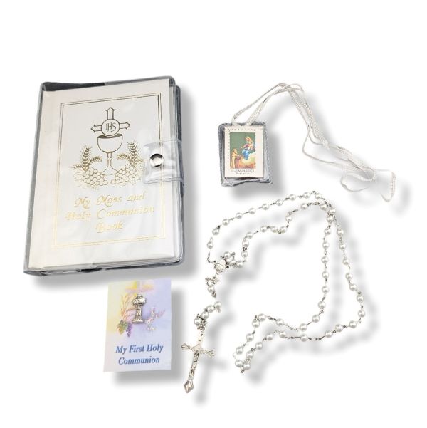Rosary with a case and card on a white background