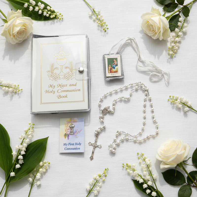 Holy Communion book, rosary, and prayer card on a white surface with flowers