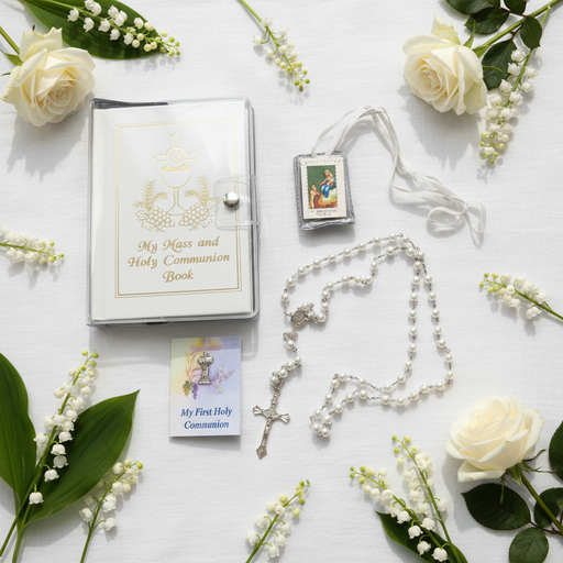 Holy Communion book, rosary, and prayer card on a white surface with flowers
