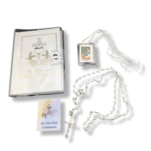 Rosary with a case and card on a white background