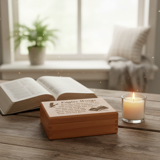 Keepsake box on a wooden table with a bible and candle.