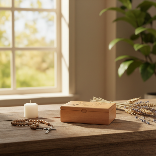 Wooden box on a wooden surface with a candle and plants in the background
