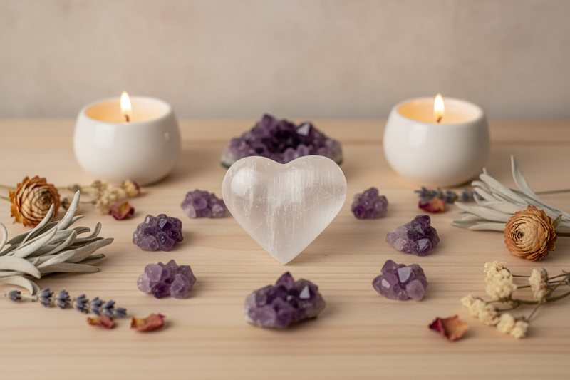 A heart-shaped selenite centerpiece surrounded by purple amethyst clusters, dried flowers, and two lit white candles on a light wood surface.