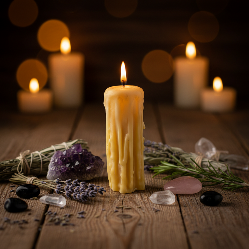 Candle with wick lit on a wooden surface with lavender, stones, and other items.