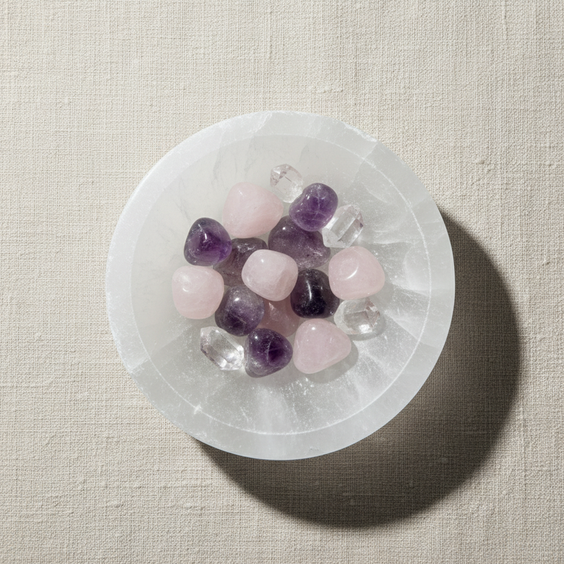 A top-down view of polished tumbled crystals, including pink rose quartz, purple amethyst, and clear quartz, arranged in a circular white selenite 6cm bowl on a textured beige linen surface.