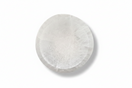 A round, selenite 6cm bowl,  shown on a clean white background with a soft drop shadow.