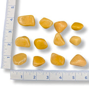 Yellow stones on a white background with a ruler for scale.