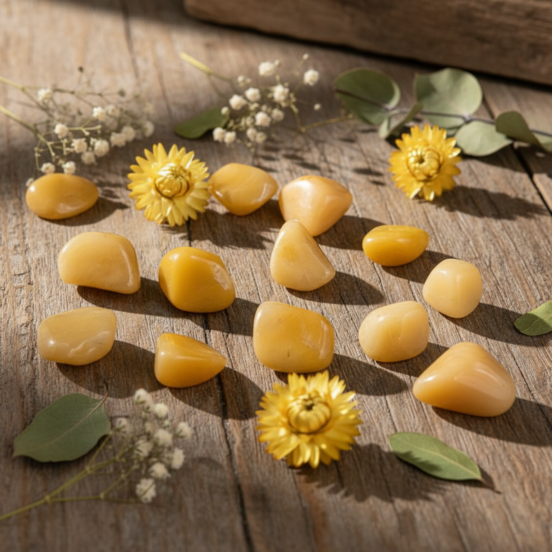 Yellow stones and flowers on a wooden surface