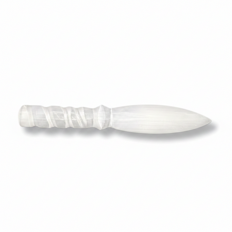 A white selenite knife with ribbed handles, displayed horizontally on a clean white background.