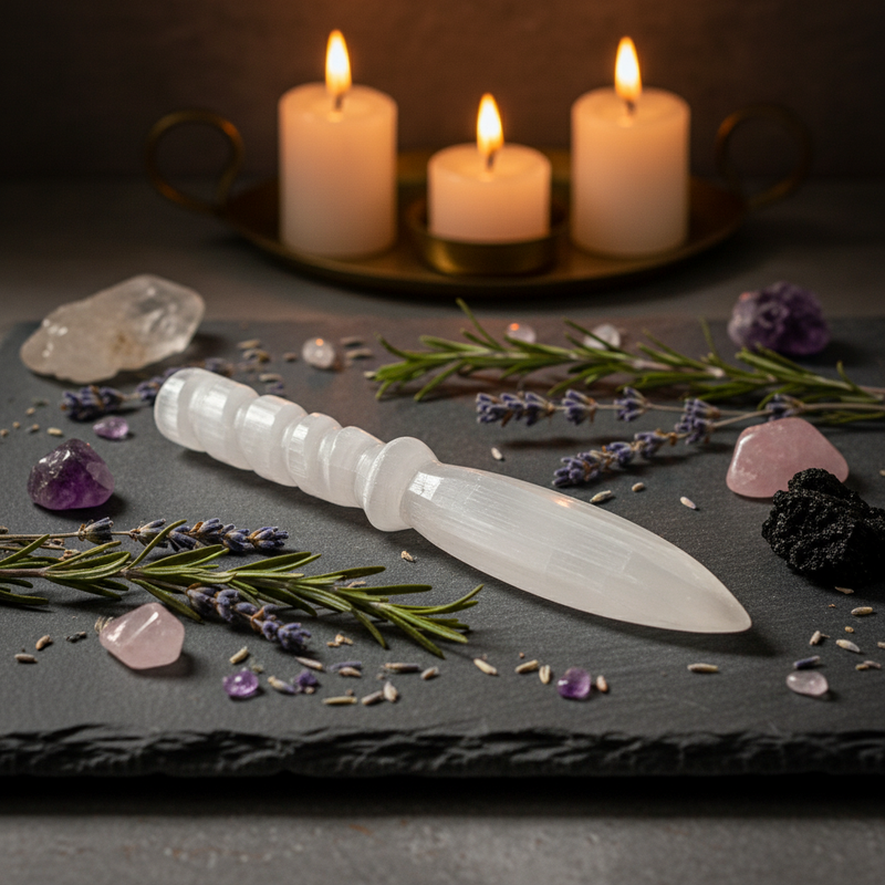 A white carved crystal selenite knifel with a ribbed handle rests on a dark slate tray surrounded by rosemary sprigs, lavender buds, pink and purple crystals, and three lit white candles in the background.