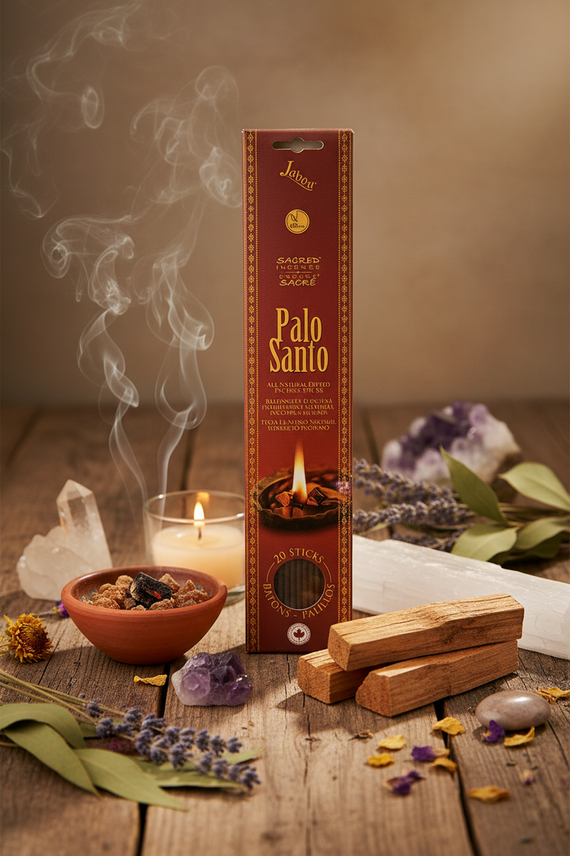 Palo Santo incense packaging with smoking sticks on a wooden surface with candles and lavender.