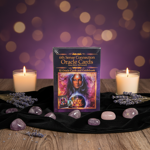 The '6th Sense Connection Oracle Cards' deck box is displayed on a black cloth with crystals, lavender sprigs, and lit candles against a purple bokeh background.