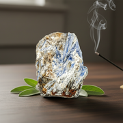 Raw crystal rock with incense and leaves on a wooden surface