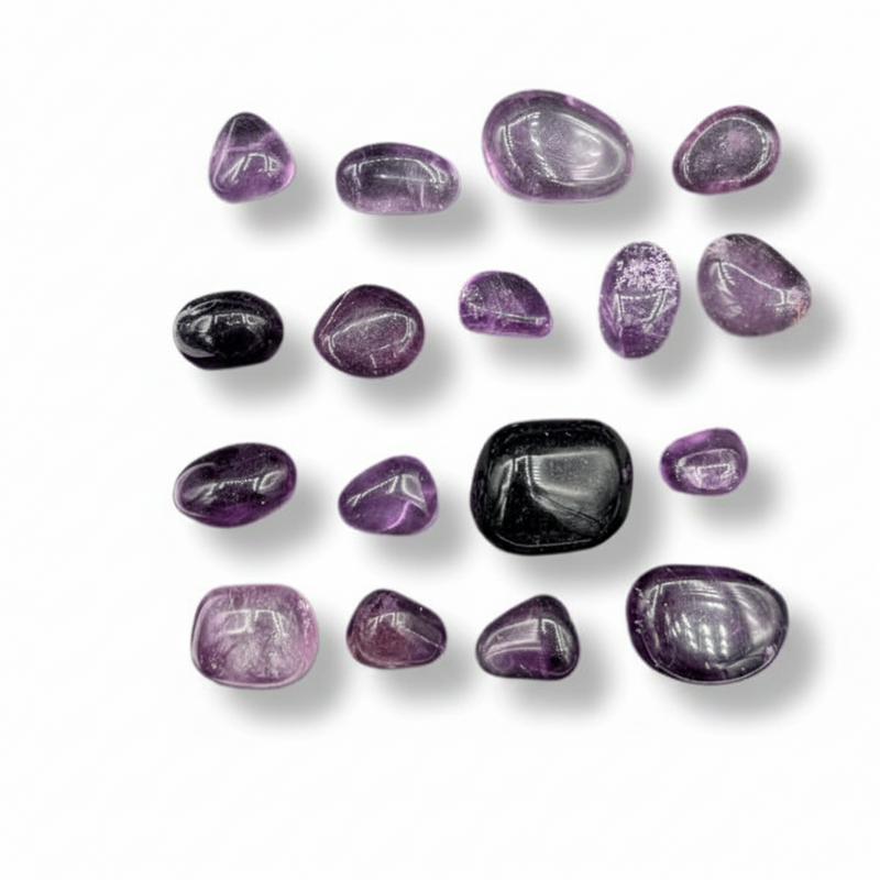 Purple fluorite tumbled stones on a white background