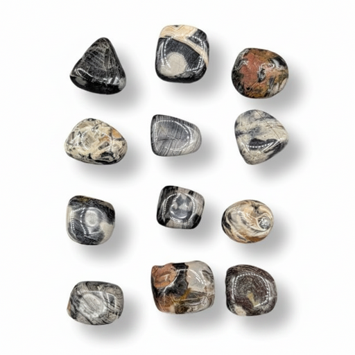 Silver leaf jasper tumbled on a white background

