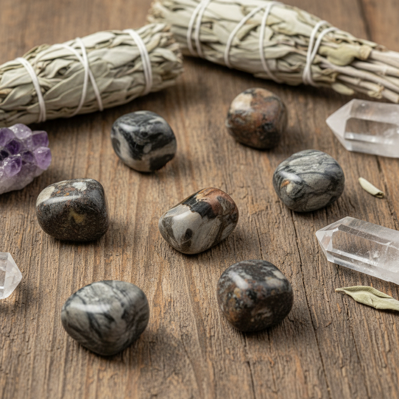 Silver leaf jasper tumbled on a wooden table with sage sticks and other crystals