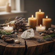 Candles, lavender, and a crystal on a wooden surface with a blurred background