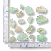Chrysoprase stones with a ruler for scale on a white background