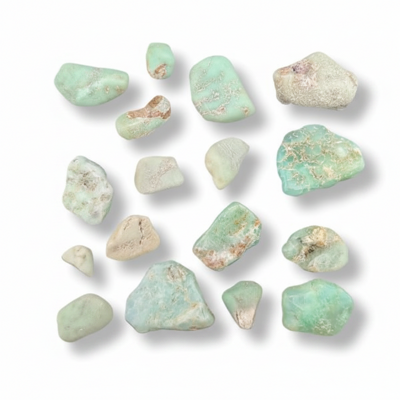 Collection of chrysoprase stones on a white background