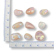 Iridescent stones on a white background with a ruler for scale.