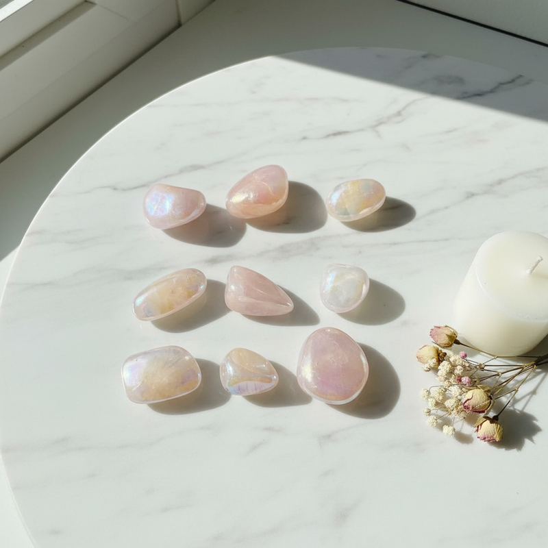 Pink stones on a marble surface with a white candle and dried flowers.