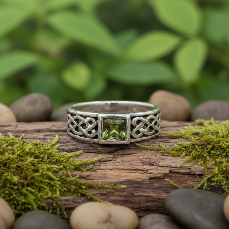 Silver ring with a green gemstone on a wooden log with moss and stones.