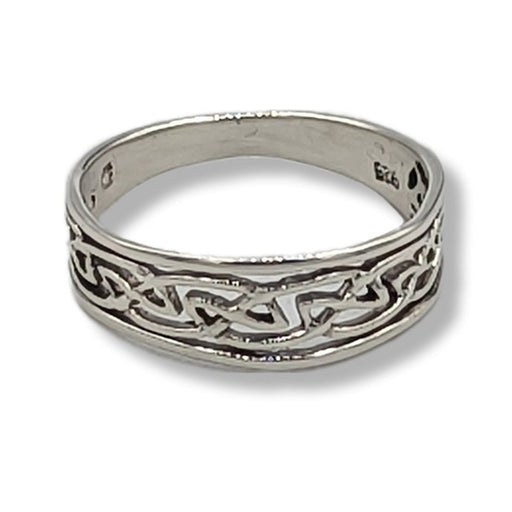 Silver ring with intricate Celtic knot design on a white background