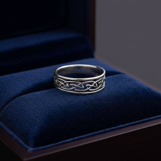 Silver ring with intricate design on a blue cushion