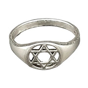 Silver ring with Star of David design on a white background